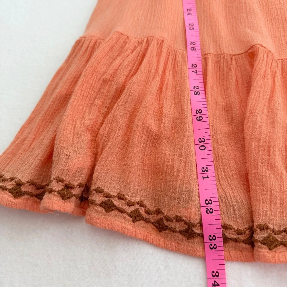 Free People Coral Orange Embroidered Ruffle Gauze Mini Dress Boho Western Sz S